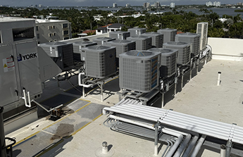Aerial view of commercial rooftop HVAC equipment installed by Coltec Engineering